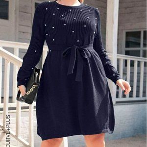 SHEIN Plus Pearls Beaded Belted Knit Dress